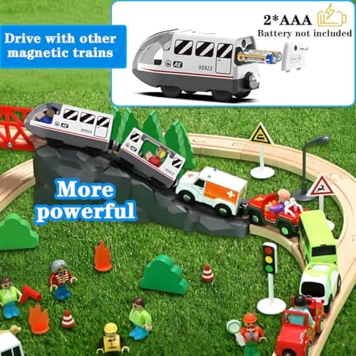 LiRiQi Train de locomotives à Piles, Ensemble de Jouets Magnétique électrique pour Voie Ferrée en Bois Compatible avec Thomas, Brio pour Tout-Petits Enfants garçon Filles