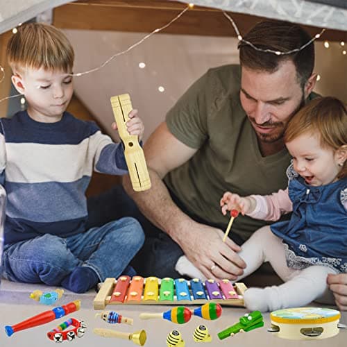 27pcs Instruments de Musique Musicaux pour Enfants, Kikuo Bois Percussion en Bois pour Bébé, D'instruments de Musique pour Les Tout-Petits - Favorise Le Développement Précoce - Sac à Dos Inclus