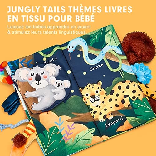 hahaland Livre Tissu Bébé Eveil 0 3 Mois Jouet Suspendre pour Bébé 0-3 6 Mois Livre Doux Froissé avec des Animaux de la Jungle Cadeau de Naissance pour Tout-Petit Garçon Fille