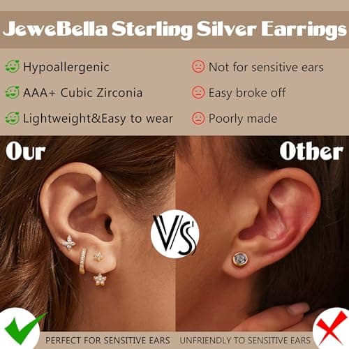 JeweBella 3 Paires Boucles d'oreilles Argent 925 pour Femme Plaquée Or 14 Carats Petites Clou d'Oreilles Mini Boucles d'Oreilles Créoles pour Plusieurs Piercings Oreille Cartilage