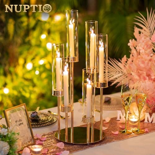 NUPTIO Bougeoirs Or Hurricane Verre - 60cm Grand Bougeoir à Papillon Cylindrique Transparent 6 Bras Bougie Métallique Couvre Cheminée Centrepieces de Mariage Extérieur Tables Décor de Noël