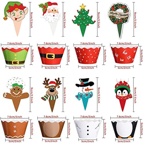 96 Pièces Décoration de Gâteau de Noël,Deco Gateau Noel,Sapin de Noël Gingerbread Men Père Noël Bonhomme de Neige Renne Elfe Pingouin Guirlande de Noël Décorations de Gâteaux de Noël,Cupcake Toppers