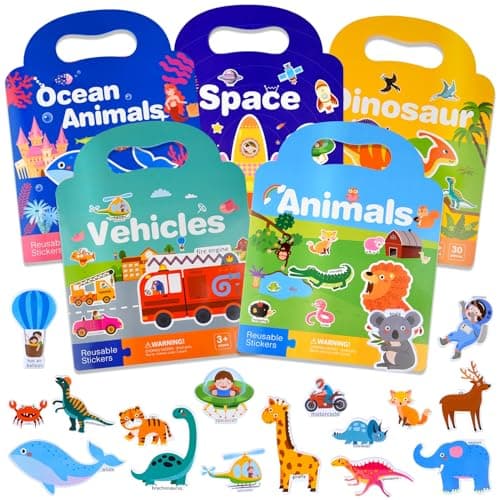 ASTARON Lot de 5 livres de scènes d'autocollants 3D réutilisables pour tout-petits de 2, 3, 4 ans, jeu d'autocollants éducatifs sensoriels, autocollants de voyage et livre occupé, véhicules, animaux,
