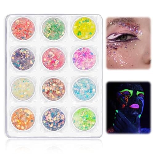 12 Couleurs Paillettes Visage Gel Festival Briller Dans L'obscurité Fluorescent Festival Accessoire pour Visage Yeu Paillettes Corps pour Masquerade Maquillage Quotidien Musique Halloween Christmas