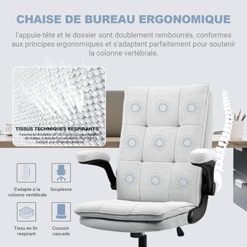 BASETBL Chaise de Bureau, Fauteuil de Bureau Ergonomique de Direction en Tissu avec accoudoirs Pliables, Chaise Gaming réglable en Hauteur, Dossier à Double épaisseur, supporte jusqu'à 150 kg, Gris