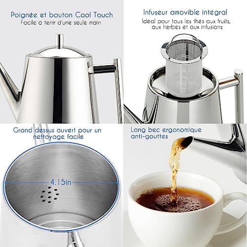Easyworkz Théière en acier inoxydable 1500 ml avec infuseur amovible pour infusion de fruits, herbes et infusions