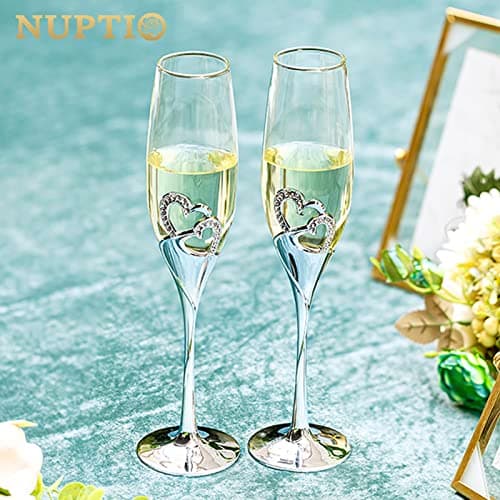 NUPTIO Flûtes à Champagne Mariage: Flûte à Champagne Personnalisée Coffret Cadeau en Bois Cristal Prosecco Verre Ensemble de 2, Ensemble Cadeau Argent Toast Anniversaire Fête Nuptiale Douches