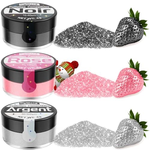 Paillettes Alimentaires Comestibles, 3x4g Colorant Alimentaire Poudre Cocktail Boissons Pour Decoration Gateau, Liqueur, Vin, Champagne, Halloween-Argent, Noir, Rose