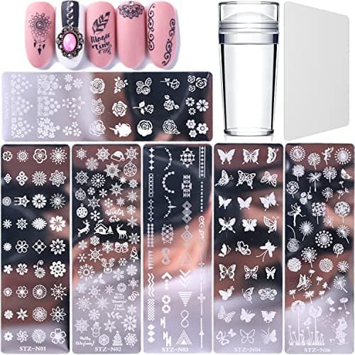 Luvadeyo Lot de 6 plaques de nail art, avec 1 tampon transparent, grattoir, outil pour femmes et filles
