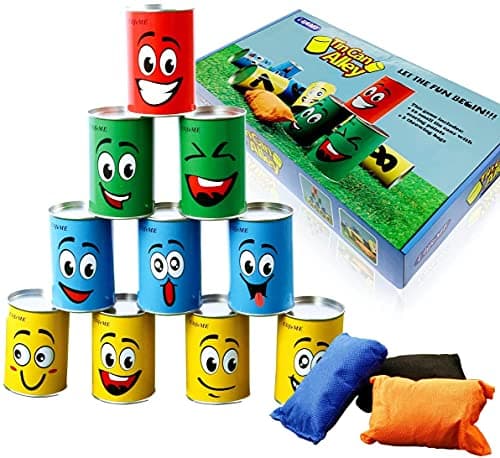 Ulifeme Chamboule Tout, Jeux de Plein Air pour Enfant et Adulte, Jeux Exterieur avec 10pcs Sourire Boite de Conserve Metal + 3pcs Sacs de Fèves, Jeux de Lancer Cadeau for Enfants Anniversaire et Fête