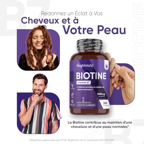 Biotine Cheveux 12 000 mcg Pure - 365 Comprimés Vegan - Cheveux, Barbe & Peau - Vitamine B7/B8 - Dosage Élevé, Sans Stéarate de Magnésium et Sans Excipient - Beauté Intérieure et Extérieure