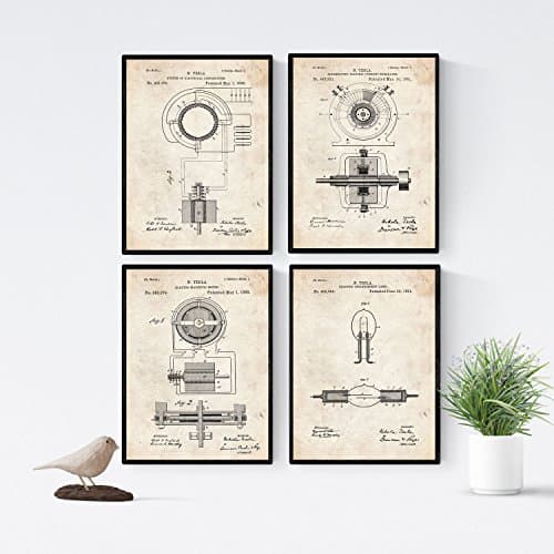 Nacnic - Pack 4 Fiches Brevets Electricité - Affiche Inventions et Anciens Plans Style Vintage. Ampoules, transistors, résistance.