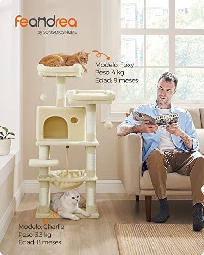 Feandrea Arbre à Chat Hauteur 112 cm, Tour de Jeux pour Chat, avec 11 Poteaux à Griffer, 2 Plateformes, 1 Niche, 1 Hamac, 2 Pompons, en Tissu Peluche, Plusieurs Niveaux, Beige PCT215M01