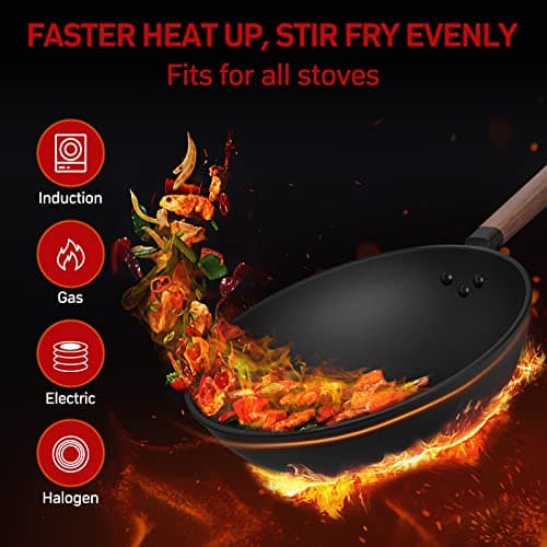 Jobin 33 cm/5,6L Wok en Acier au Carbone Avec Couvercle - Sans Revêtement Chimique - Cuisiner des Plats Asiatiques pour 4-6 Personnes - Convient à Induction/Electrique/Gas