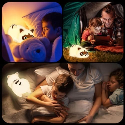 QUIGO Veilleuse Enfant Veilleuse Bébé Rechargeable Lampe de Chevet avec USB Raton Laveur Silicone Tactile Veilleuse LED,Enfant Cadeau D'enfant Cadeau Jouet Garçons et filles