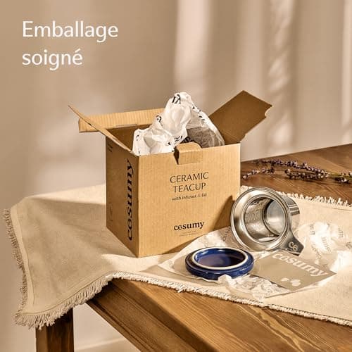 Cosumy Tasse à Thé avec Infuseur et Couvercle 400ml Grand - Céramique - Reste Chaud Longtemps (Bleu Profond)