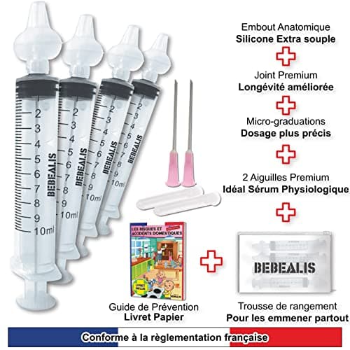 Seringue Nasale Bebe [x4] - [ Mouche Bebe + Embout Silicone Reutilisable + 2 Pointes Pipette Serum Physiologique + Trousse Soin Bébé + Livret Prévention | Irrigateur Aspirateur Nez Enfant Puériculture