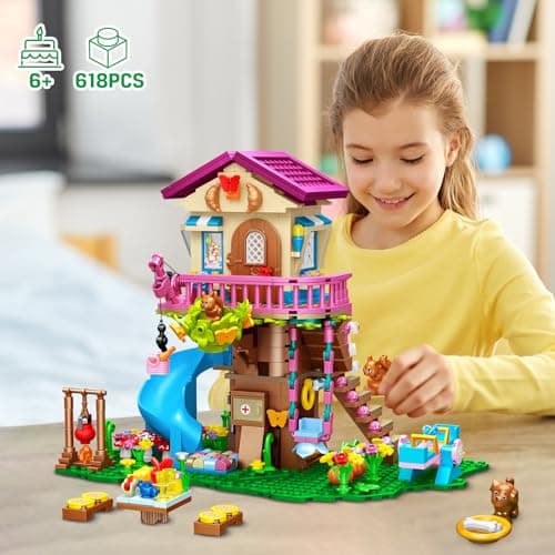 CUBIMANA Jouets de Construction de cabane dans Les Arbres avec lumière LED - 618 pièces Ensemble de Construction de Maison à 3 étages, Cadeaux de Noël pour Enfants Filles garçons