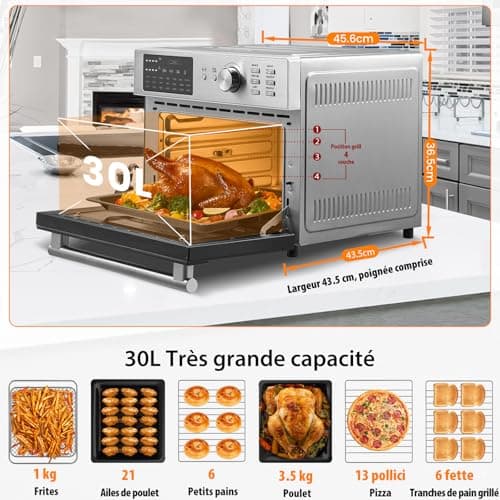 Oimis Friteuse à Air Four 30L, Friteuse Sans Huile 1800W, Friteuse à Air Chaud avec 21 Programmes Prédéfinis, Cook Rôtissoire Déshydrateur, 7 Accessoires, Livre de Recettes, Four à Air Chaud,Argent