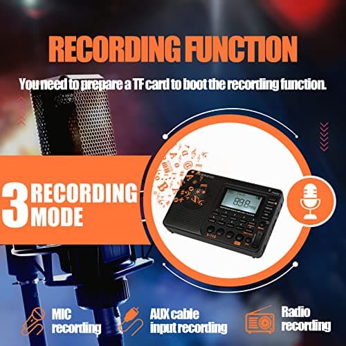 Retekess V115 Radio Portable,Petite Radio Rechargeable,FM AM SW, Piles et Secteur,Carte TF,Enregistreur, MP3,Minuterie de Sommeil,Salle de Bain,Cuisine(Noir)