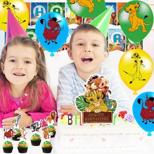 Syijupo Lion Thème Fournitures de Fête, 32 Pcs Décorations d'Anniversaire De Lion, Ballons,Décoration Gâteau,pour Enfant Anniversaire Déco