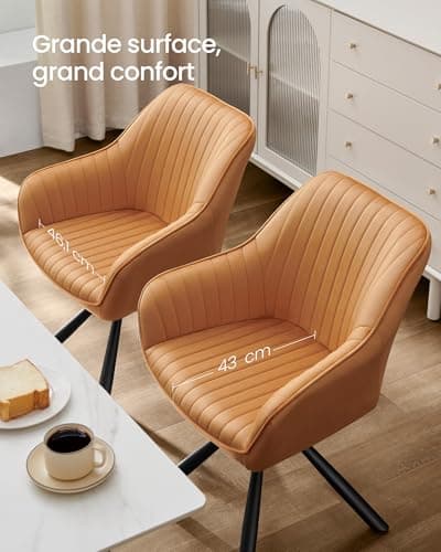 SONGMICS Chaise Salle à Manger, Fauteuil Pivotant, Velours, Rembourrée avec Accoudoirs, Charge 120 Kg, Pieds Acier, pour Salle à Manger, Cuisine, Marron Caramel et Noir d'encre KDC161K01