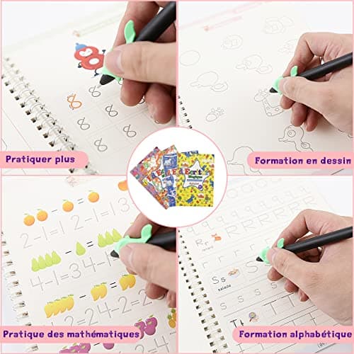 Charfia 4 Grand Francais Cahier Ecriture Magique Calligraphique pour Enfants, Magic Book en Français Livre Magibook Cahier Effacable Livre de Pratique d'écriture Réutilisable [Large 17.5 * 25CM]