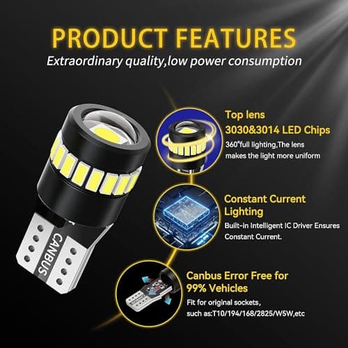 YOUNLEN 4Pieces Ampoule LED W5W T10 194 6500K(Blanc),Ampoule T10 LED,Canbus Sans Erreur,12V 1.5W,18SMD 3014|1SMD 3030 Puces,éClairage IntéRieur De Voiture,Plafonnier,Conception Blanc Non Polaire