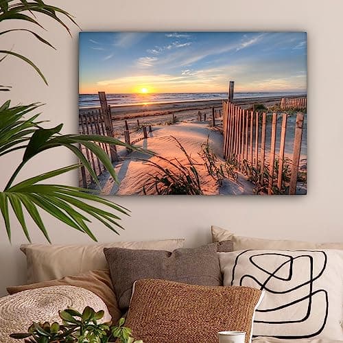 MuchoWow© Impression sur Toile Decoration Murale Peinture 70x50 cm Tableaux Decoratifs Muraux Déco Chambre Tableau Salon Dune - Coucher de soleil - Plage - Plantes - Mer