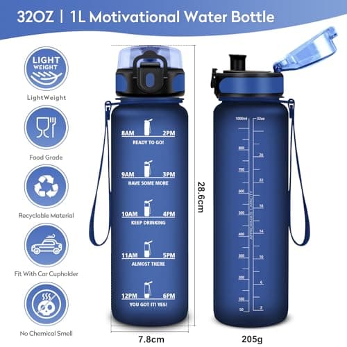 KollyKolla Gourde 1L, Bouteille d'eau, Étanche & Réutilisable, Gourde Sport avec Filtre et Marqueur de Temps, sans BPA, Gourde Motivation pour Enfant, Adulte, Cyclisme, Bureau, l'école, Camping