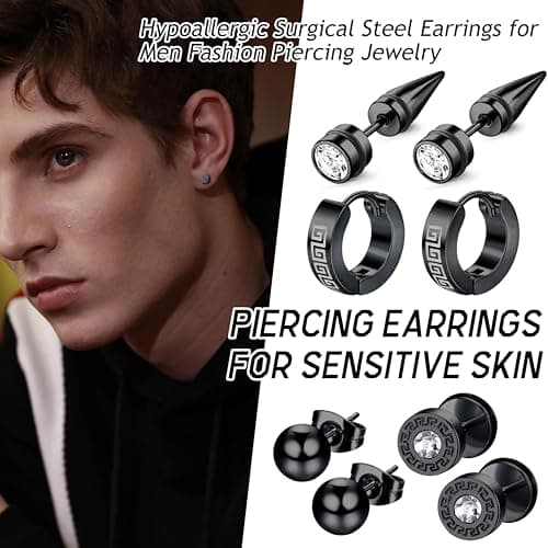 JeweBella 15Paires Boucles d'Oreilles Homme Acier Inoxydable Boucles d'Oreilles Créoles Boucles d'Oreilles Pendantes Croix Piercing Cartilage Boucles d'Oreilles Noires/Argent pour Hommes Femmes