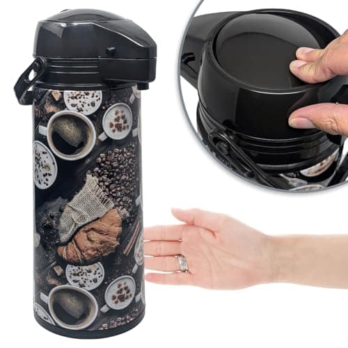 COM-FOUR® Carafe à pompe isotherme 1,9 L avec motif café - carafe à pompe isotherme de 1,9 litre en acier inoxydable avec insert en verre (01 pièce - 1,9 litre motifs café)