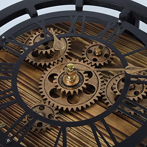 Lafocuse Pendule de Bureau avec Engrenages Mobiles, Bois Industrielle Vintage Steampunk Noire, Transformable en Horloge Murale, Retro Chiffres Romains pour Etagère Table Salon Bar 29cm