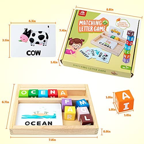 Coogam Blocs de Couleur Jeux d'orthographe, Lettres Assorties en Bois Jouet avec Mots Cartes Flash, Alphabet ABC Apprentissage éducatif Montessori Puzzle Cadeau