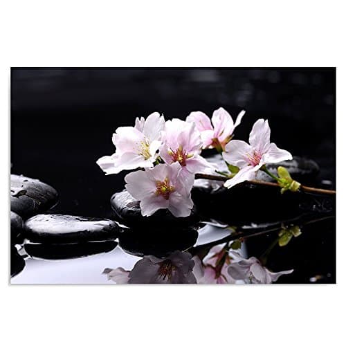 Feeby Frames, Tableau seul panneau, Tableau imprimé xxl, Tableau imprimé sur toile, Tableau deco, Canvas 40x50 cm, ZEN, CERISIER SAUVAGE, GALETS, EAU, NOIR, ROSE