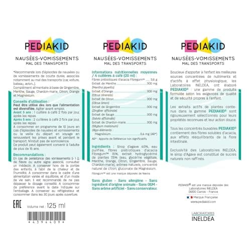 PEDIAKID - Nausées-vomissements mal des transports - Complément alimentaire à base de plantes - Confort digestif - Contre les nausées & vomissements - Goût citron - Lot de 2 Flacons de 125 ml