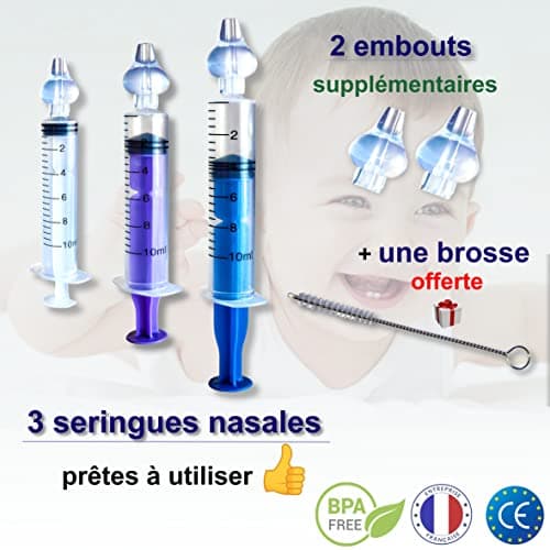 Kit complet de soin nasal - Seringue nasale bebe - mouche bebe - 3x seringues + 5x embouts en silicone + cure-nez + brosse de nettoyage - mouche bebe manuel - seringue mouche bebe - pipette nez bébé