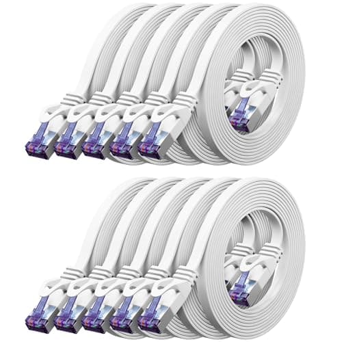 deleyCON 10x 0,5m Plat CAT7 Câble Réseau (CAT 7 avec 10 Gbit/s) Gigabit LAN - RJ45 Ethernet Court Câble de Raccordement Plat - pour Internet Switch Routeur Modem Panneau de Brassage - Blanc