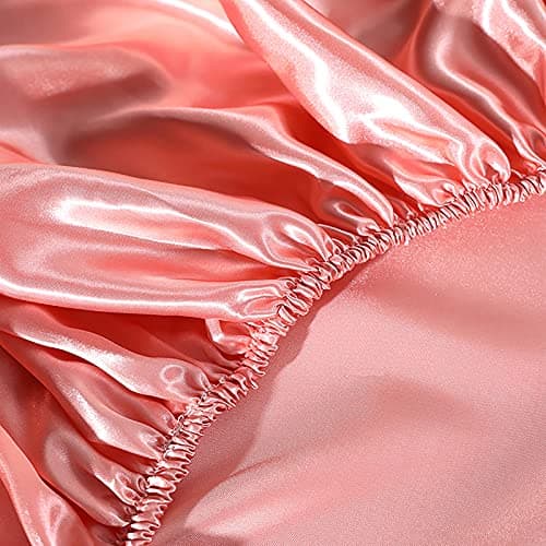 Ensemble 4 Pièces de Draps de Lit en Satin Couleur Unie 1 x Drap Housse 180x200 cm 2 Personnes avec Grand Bonnet de 35 cm, 1 x Drap Plat et 2 x Taie d'oreiller, Corail