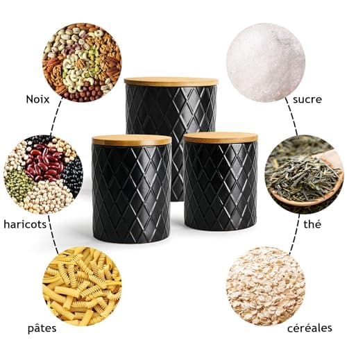 MIAMIO - Set de 3 boîtes de conserve pour le comptoir de cuisine, boîte de conserve en céramique avec couvercle en bois hermétique - parfait pour le café, le thé, le sucre, la farine, le thé (Noir)