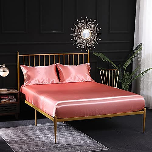 Ensemble 4 Pièces de Draps de Lit en Satin Couleur Unie 1 x Drap Housse 180x200 cm 2 Personnes avec Grand Bonnet de 35 cm, 1 x Drap Plat et 2 x Taie d'oreiller, Corail