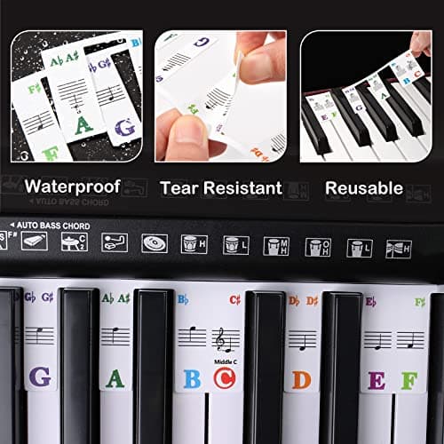 Amovibles Autocollants de Clavier de Piano Guide de Notes de Piano Pleine Grandeur à 88 Touches pas Besoin de Coller Étiquettes Colorées Réutilisables pour Clavier de Piano avec Boîte