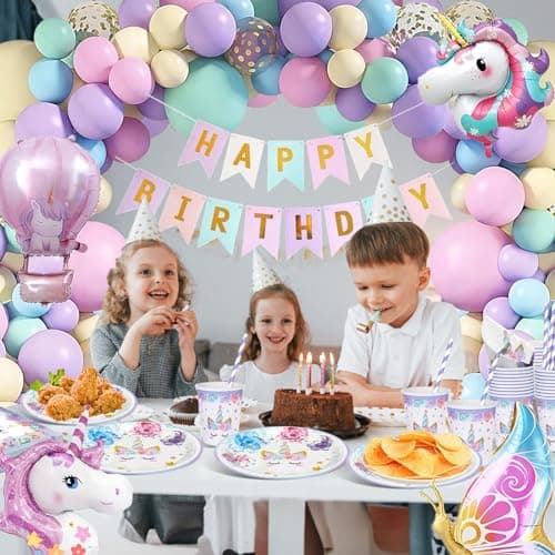 Decoration Anniversaire Licorne, 147 Pièces Assiettes Anniversaire Licorne Deco, Arche Ballon Banner Licorne Fille, Kit Anniversaire Licorne Assiettes Gobelets Serviettes Ballons pour Enfants Party