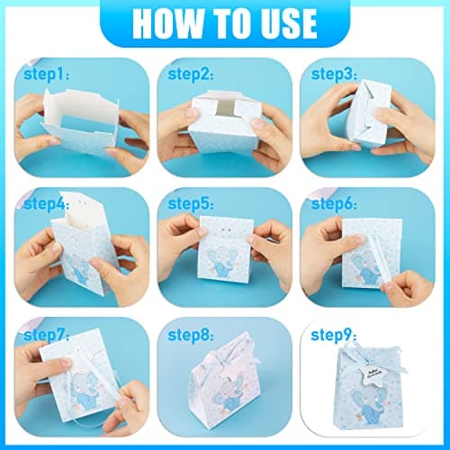 50Pcs Eléphant Sachets Anniversaire Douche Bébé Boîte à Dragées Bonbons Baptême Pochettes Cadeau Bonbonnière Bleu avec Etiquettes à Cordes pour Enfant Fête Communion Baby Shower Mariage