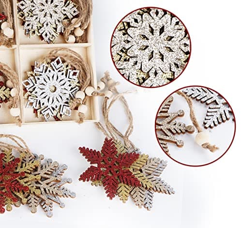 ilauke Flocons de Neige en Bois de Noël Ornement,24Pcs Artisanat en Bois de Flocon,6 Styles Deco Noël Bois Flocon avec Ficelle de Chanvre,Suspension Noël en Bois pour Décoration de Fête d'hiver-7cm