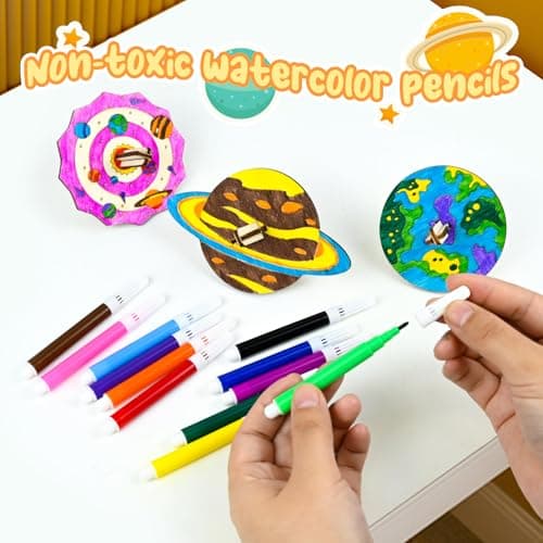 Ulikey 12 Pièces Gyroscope en Bois pour Enfants, Peinture Bricolage Anniversaire Activites Manuelles pour Enfants, Kit de Bricolage en Bois Gyroscope Planétaire Cadeau pour Enfants 5 6 7 8 9 10 Ans