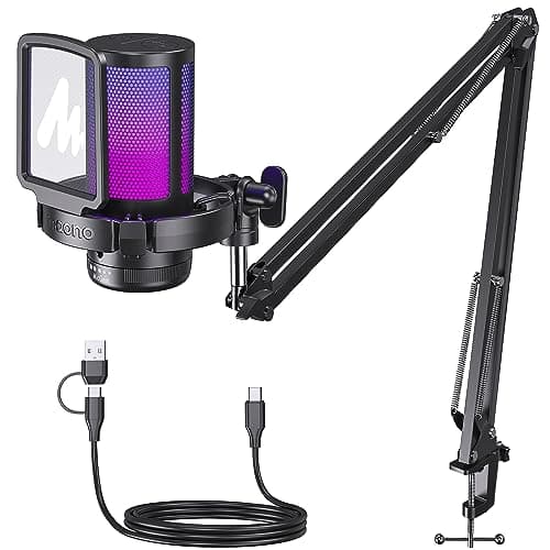 MAONO USB Micro Gaming, RGB Condensateur Microphone avec réduction du Bruit/Muet/Gain/Moniteur/Bras Micro, pour Enregistrement, Streaming, Postcast, Discord, Ordinateur, Compatible avec Mac, PS4&5