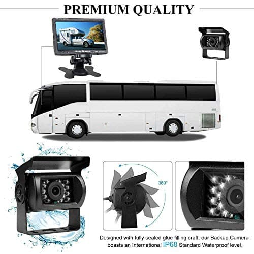 Moniteur HD avec écran 7’’ LCD TFT 12 V-24 V pour auto + caméra de recul pour bus camion remorque à 18 DEL IR étanches pour vision de nuit et vue arrière avec 10 m de câble vidéo