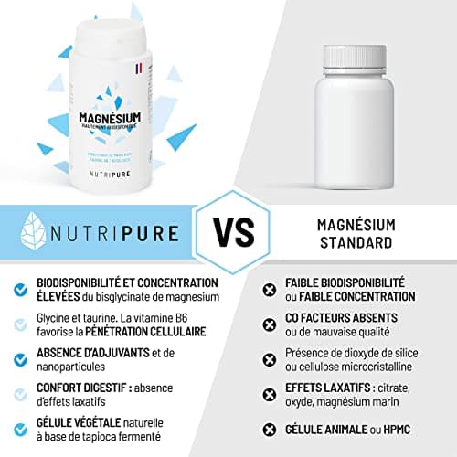 Nutripure | Magnésium Bisglycinate + Taurine & Vitamine B6 | Haute Absorption & Concentration | Anti-Fatigue | 100% Vegan | 60 gélules végétales | Cure de 1 mois | Made in France