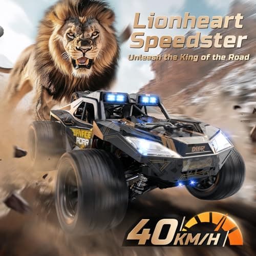 DEERC 1:14 Voiture RC Rapide Tout Terrain, Camion RC Haute Vitesse 40 km/h avec Phare LED pour garçons, Voiture télécommandée Tout-Terrain 2,4 GHz 4x4, Jouet Monster Truck, 2 Batteries